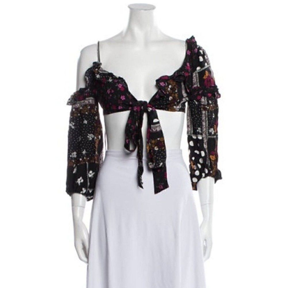 for love and lemons Black White Floral Long Sleeve V Neck Plunge Crop Top Xs